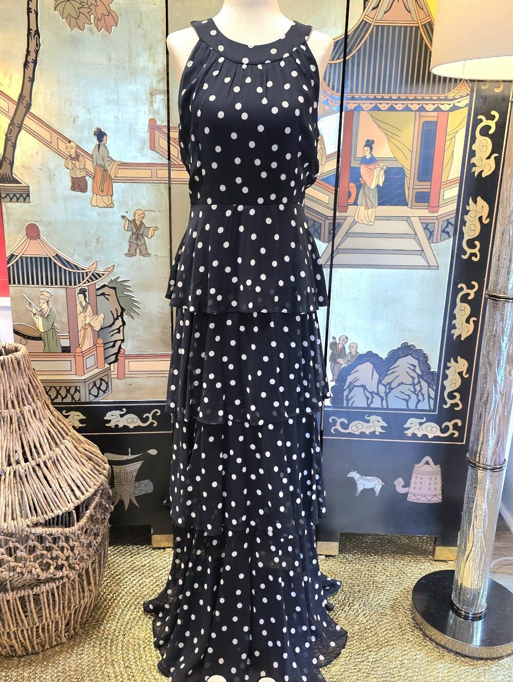 Tommy Hilfiger Navy White Polka Dot Tiered Maxi Dress Round Neck Sleeveless 6